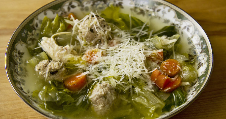 Italian Wedding Soup: Chicken and Escarole Soup with Veal Meatballs
