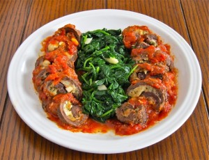 Beef roll-ups with a zesty bread stuffing in a San Marzano tomato sauce