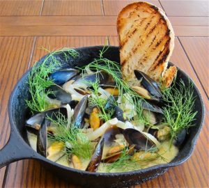 Mussels steamed in a white wine and fennel broth with mascarpone